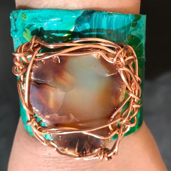 Agate Slice Green Copper Patina Wide Cuff Bracelet Handmade Rustic Artisan OOAK